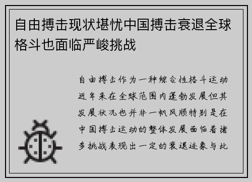 自由搏击现状堪忧中国搏击衰退全球格斗也面临严峻挑战