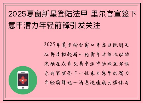 2025夏窗新星登陆法甲 里尔官宣签下意甲潜力年轻前锋引发关注 2025夏窗新星登陆法甲 里尔官宣签下意甲潜力年轻前锋引发关注