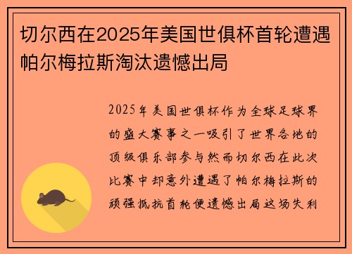 切尔西在2025年美国世俱杯首轮遭遇帕尔梅拉斯淘汰遗憾出局 切尔西在2025年美国世俱杯首轮遭遇帕尔梅拉斯淘汰遗憾出局